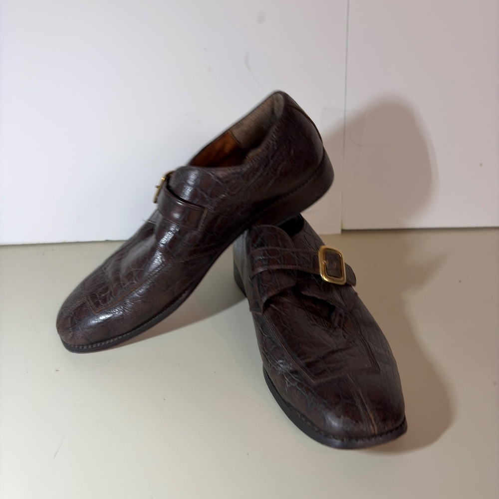 Marco Vicci Monk Strap Leather Loafers Mens 8.5 M Brown Crocodile Embossed Dress